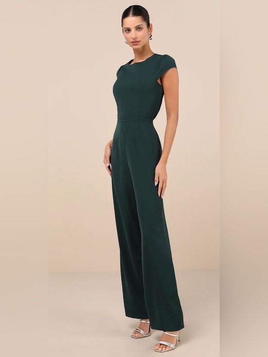 Lulus Pants - Lulu's Forest Green Cap-Sleeve Wide-Leg Jumpsuit